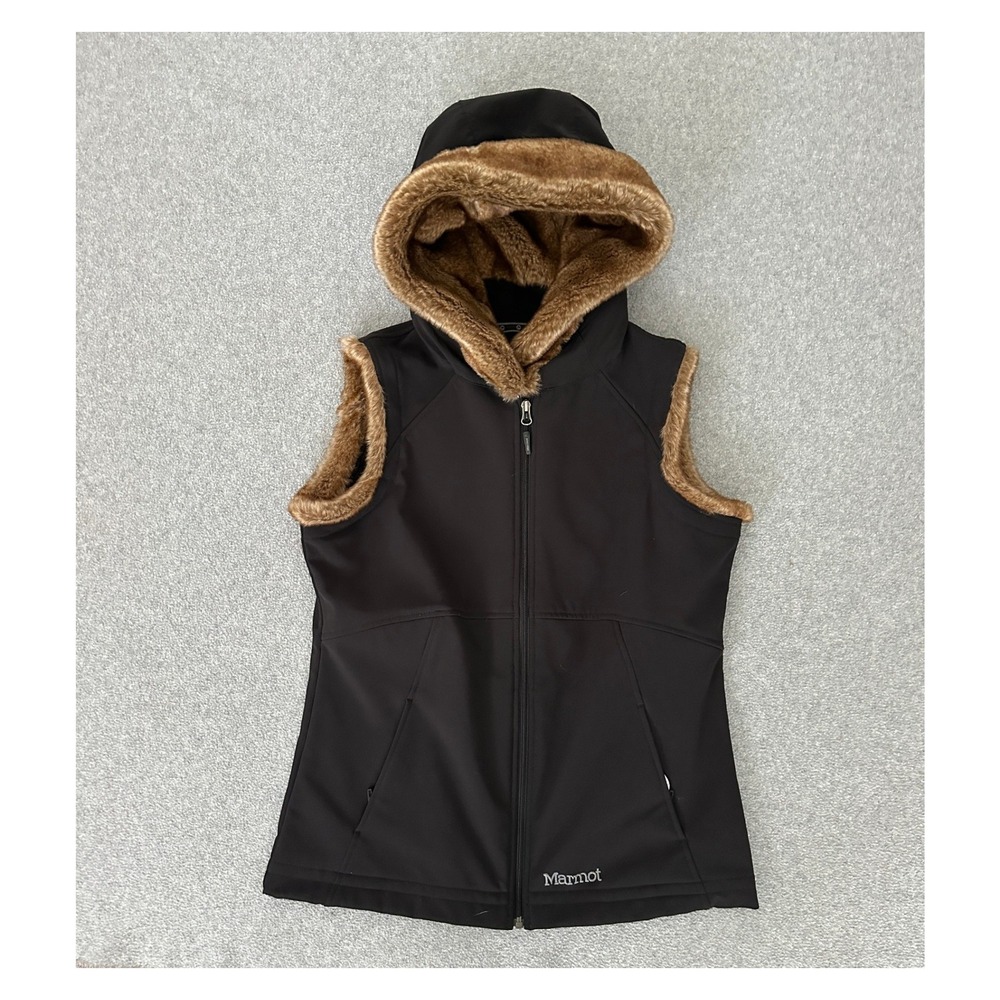Marmot Softshell Vest Womens Large Black Faux Fur Trim Hooded Full Zip Apres Ski